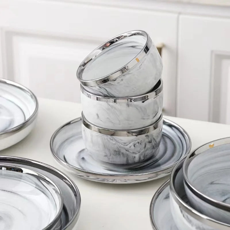 Axya Silver Rim Marble Ceramic Dinnerware Set for Family and Hotel