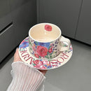 Axyaa Ceramic Latte Cups Set with Floral Pattern in Retro Glaze