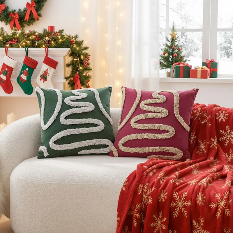 Christmas Boho Green Red 45x45 Tufted Pillow Cover, Farmhouse Sofa Decor, Axyaa Brand