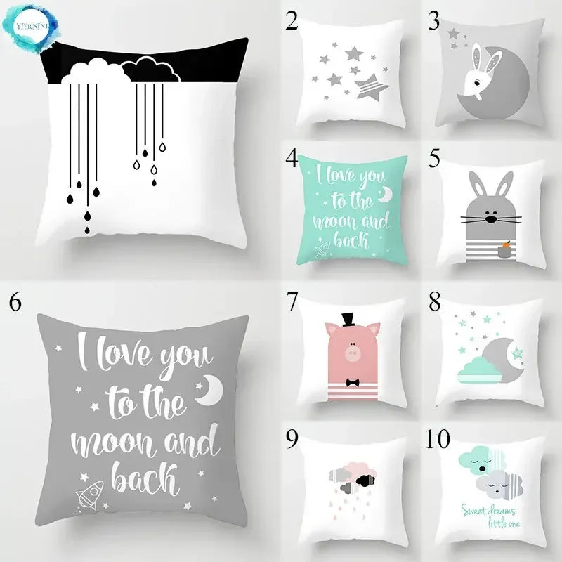 Axyaa Cloud Moon Star Pattern Pillowcase White Grey Letters Printed Home Decor
