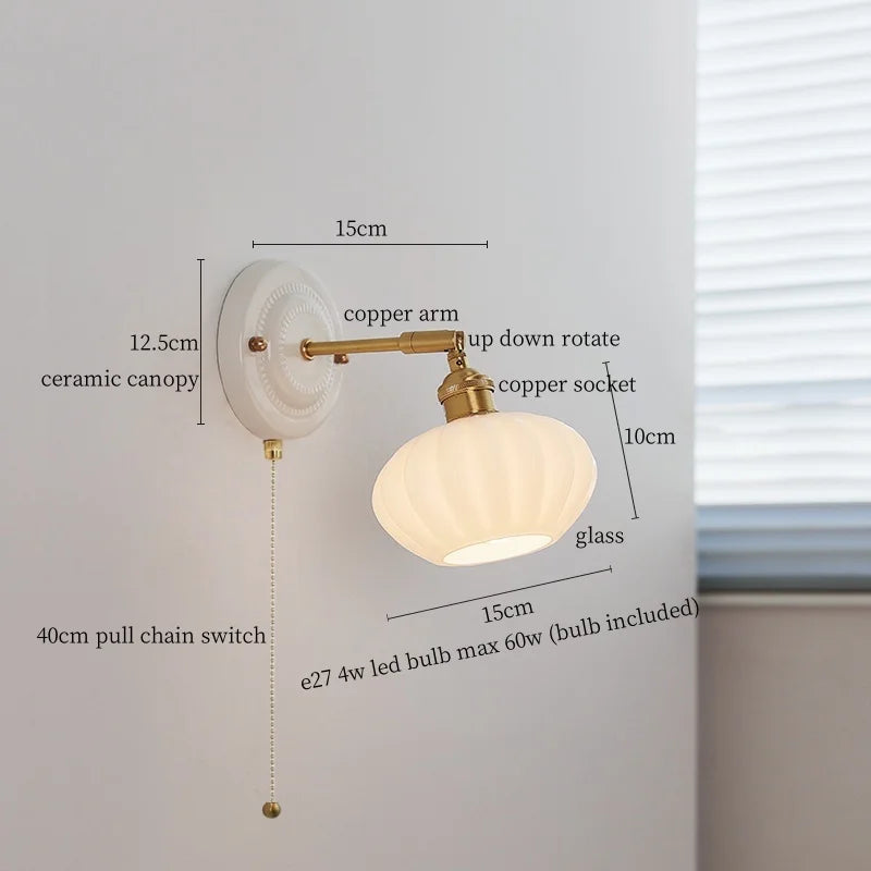 Axyaa White Glass LED Wall Light with Pull Chain Switch for Bedroom, Living Room, or Stairway