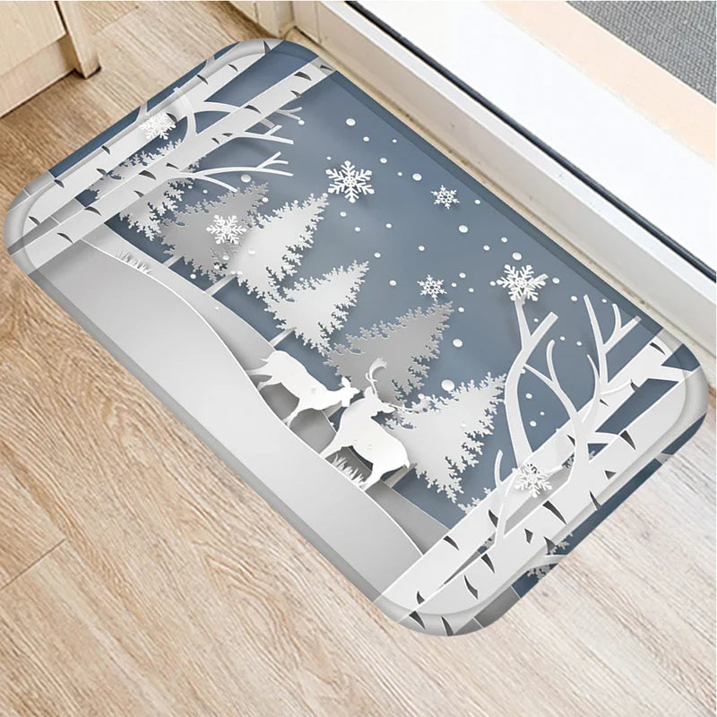 Christmas Snow Deer Pattern Printed Door Mat for Home Decor by Axyaa
