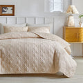 Axyaa Geometric Grid Bedspread Set - Grey Beige, US Queen Size 3pcs