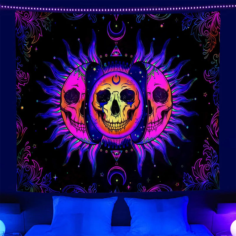 Axyaa Psychedelic Skull Head UV Reactive Tapestry Wall Hanging