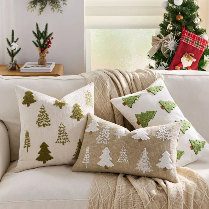 Axyaa Christmas Embroidered Pillow Cover Trees Deer Snowflakes 45x45cm 30x50cm
