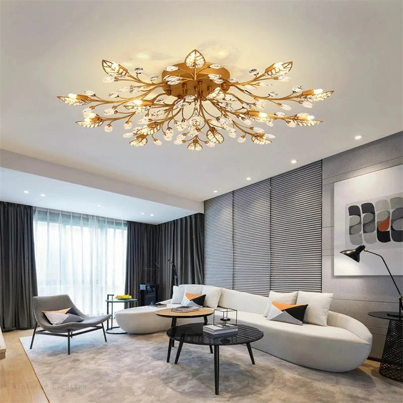 Axyaa Black Gold Leaves Crystal Ceiling LED Lamp for Living Room Bedroom