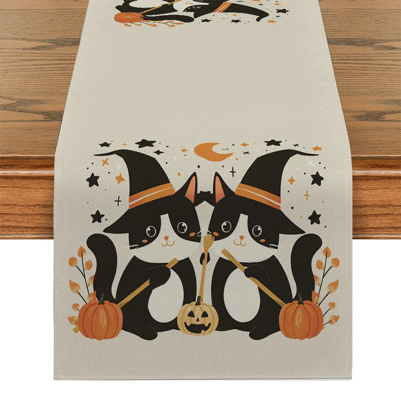 Axyaa Halloween Cat Pumpkin Wizard Hat Table Runner Home Wedding Decoration