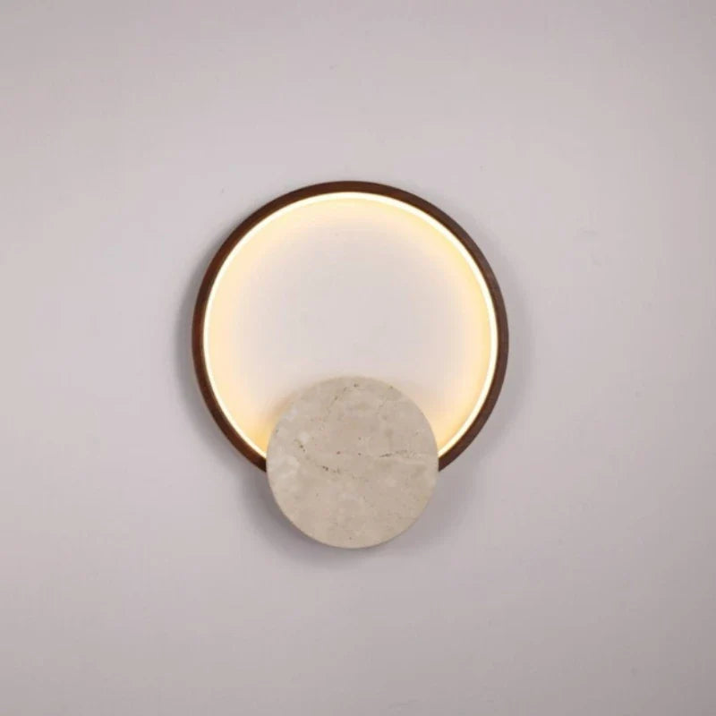 Axyaa Round Stone LED Wall Light Dark Wood Dimmable Indoor Sconce