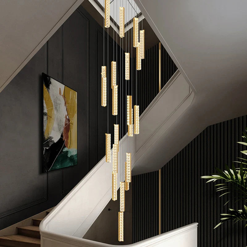 Axyaa Modern Crystal Chandelier for Living Rooms and Dining, LED Staircase Light, Chrome Gold Stainless Steel