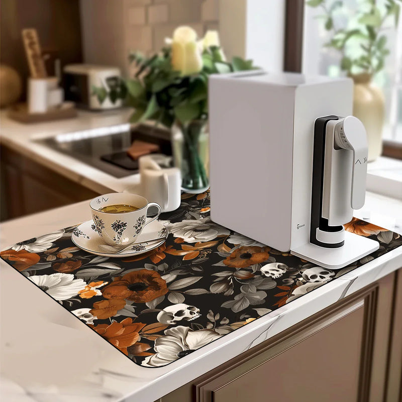 Axyaa Halloween Flower Skull Drying Mat: Non-Slip Absorbent Kitchen Placemat
