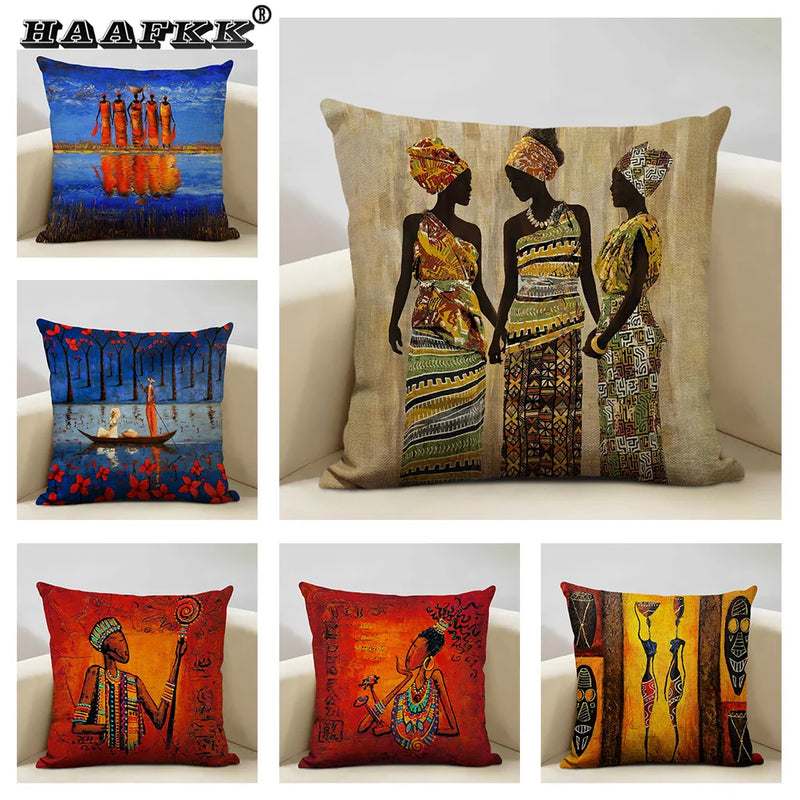 Axyaa African National Style Oil Painting Cushion Cover for Living Room Sofa Art