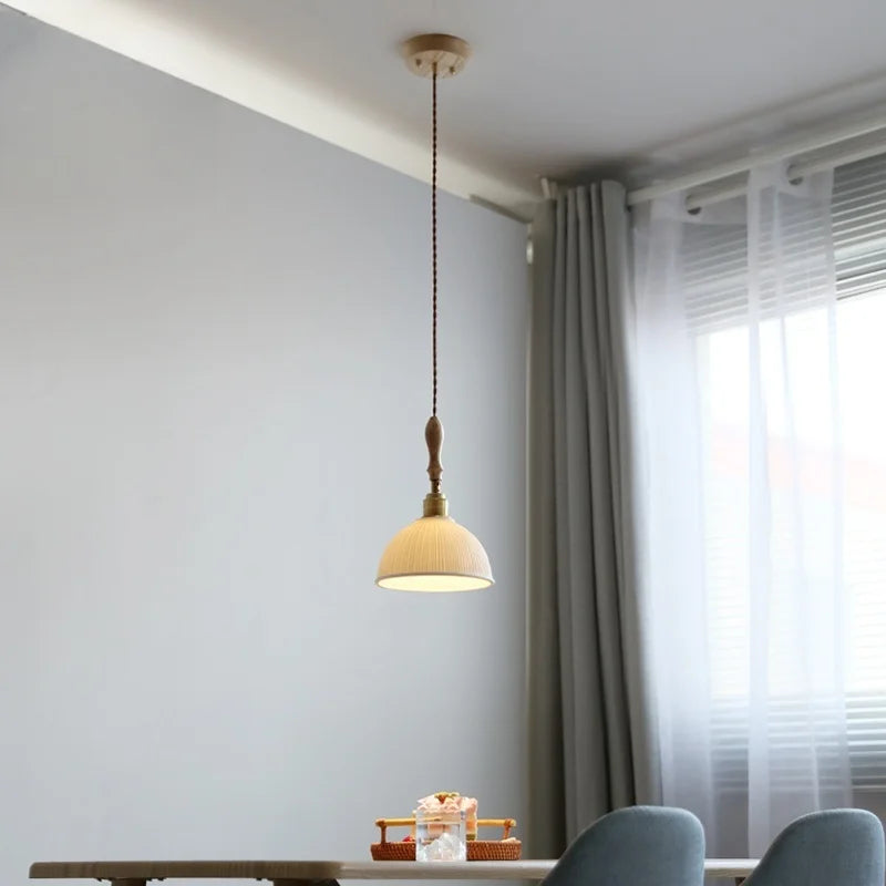 Axyaa Ceramic Pendant Light Wood White LED Lamp for Living Room & Cafe