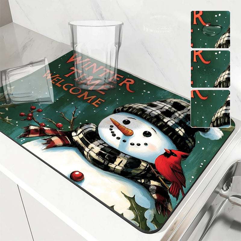 Snowman Kitchen Drying Mat - Axyaa Absorbent Coffee Mat & Dish Draining Pad