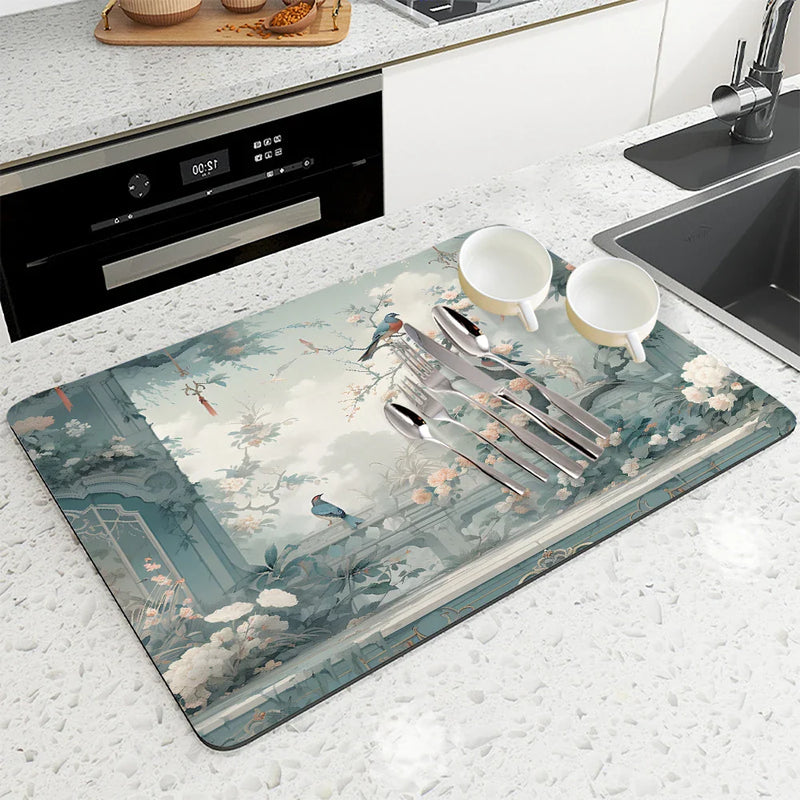 Axyaa Coffee Mat: Absorbent Kitchen Drying Pad with Plants, Birds & Flowers