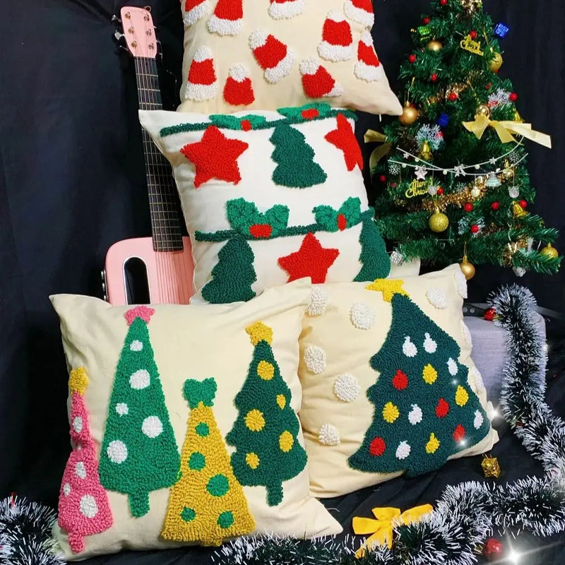 Axyaa Christmas Tree Circle Velvet Embroidery Linen Pillow Cover