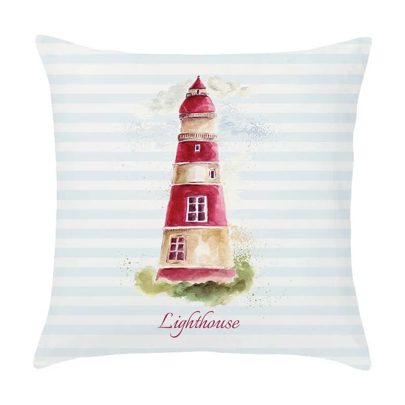 Axyaa Cartoon Sailboat Hot Air Balloon Lighthouse Cushion Cover