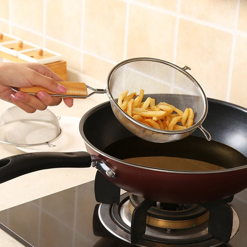 Axyaa Stainless Steel Double Ear Colander Spoon(Strainer) with Wooden Handle