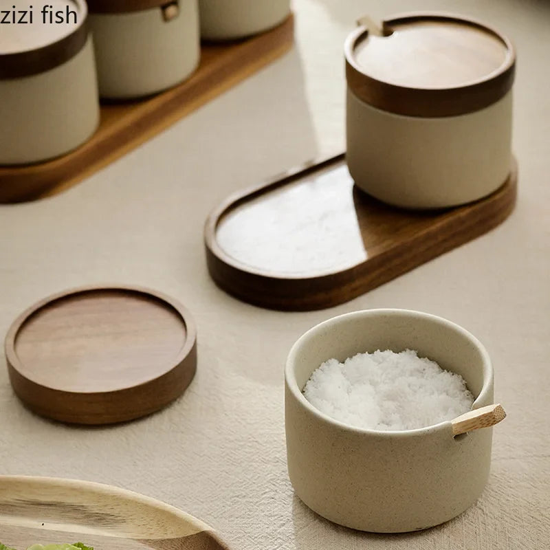Axya Ceramic Spice Jar Set with Wooden Cover for Kitchen Seasoning