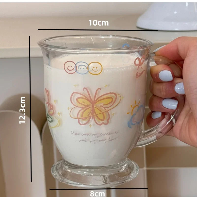 Axyaa Butterfly Glass Juice Mug - Cute Kawaii Design, 400ml, Cold Drink Cup