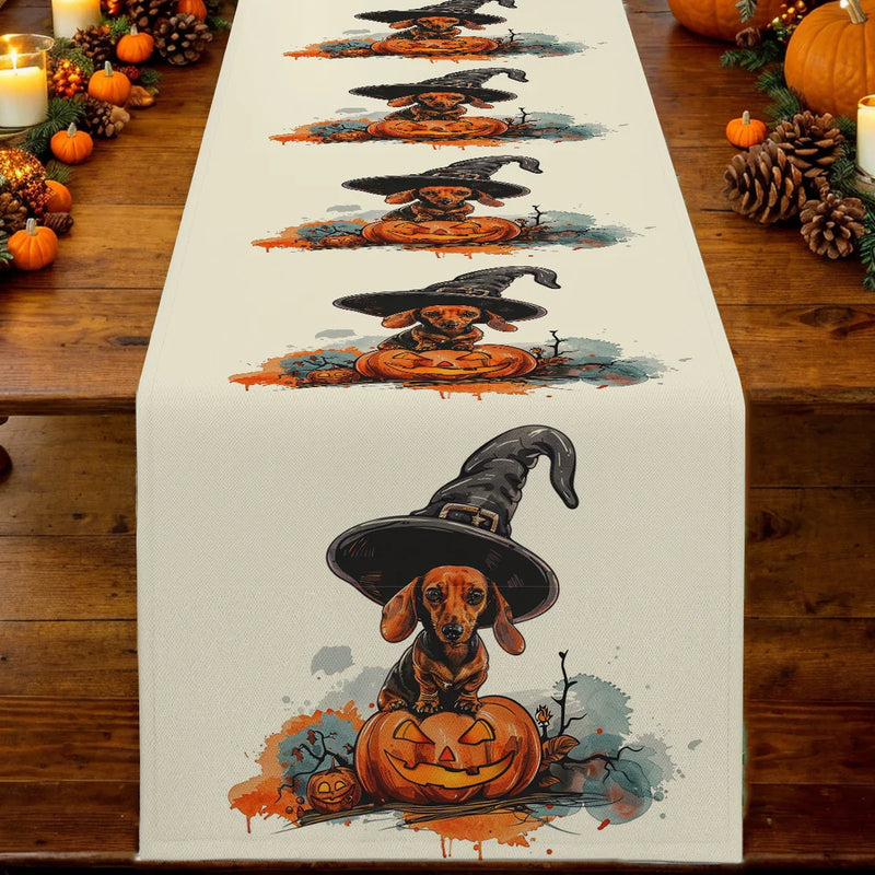Axyaa Halloween Dog Pumpkin Head Table Runner for Farmhouse Dining