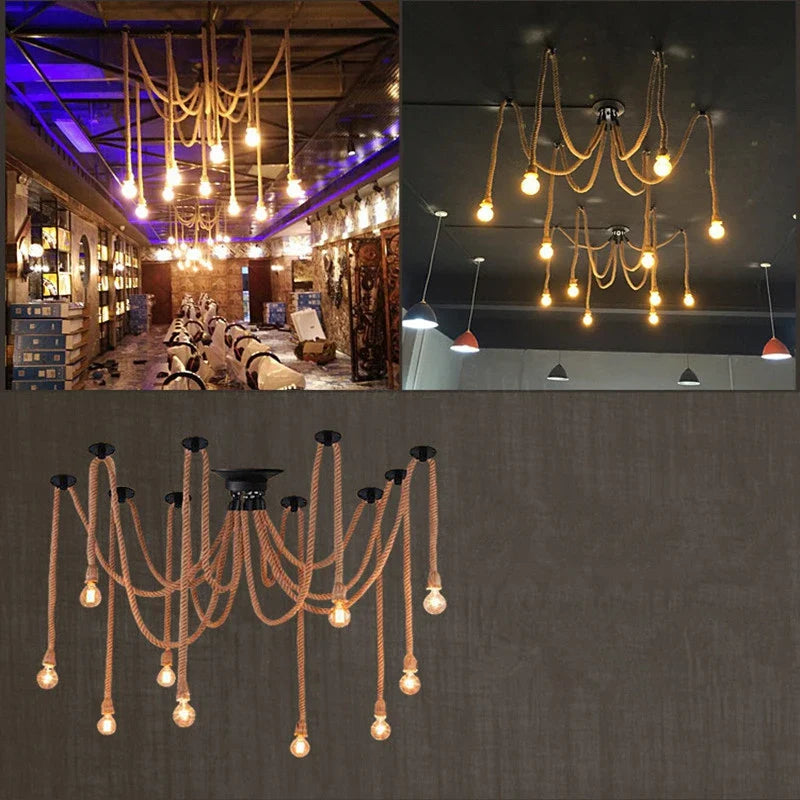 Axya Industrial Hemp Rope Chandelier with LED Lights