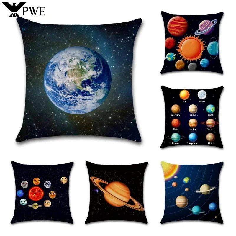 Axyaa Solar System Planets Linen Cushion Cover 45x45cm Bedroom Living Room Sofa Decor