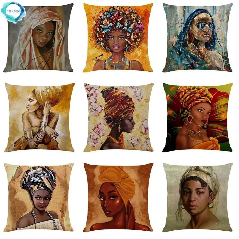 Axyaa African Women Style Linen Pillow Cover 45x45cm