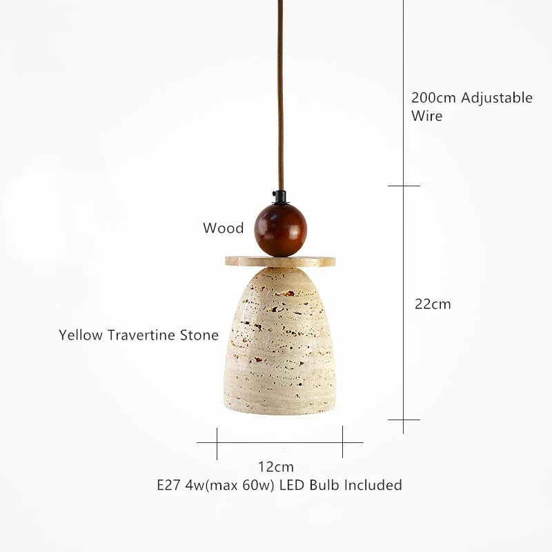 Axyaa Yellow Travertine Wood Pendant Light, LED Hanging Lamp for Dinging Living Room