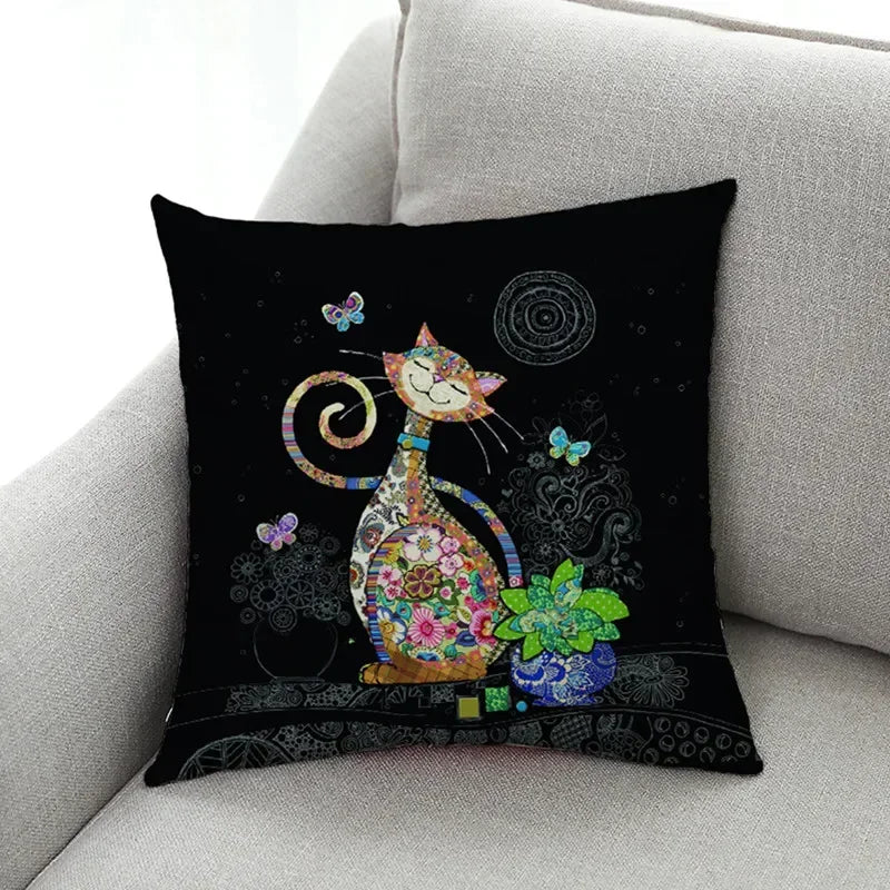 Axyaa Cat Print Linen Pillowcase 45x45cm Home Decor Cushion Cover