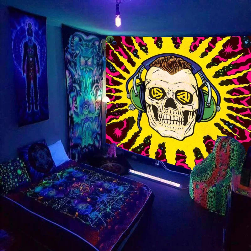 Axyaa Fluorescent Skull Tapestry UV Decorative Cloth Home Wall Art