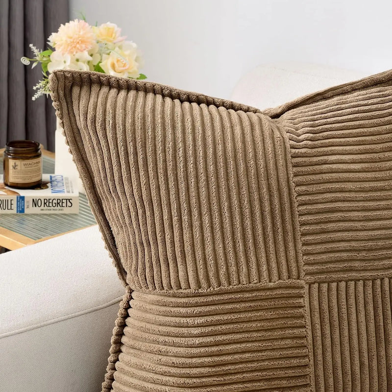 Axyaa Soft Corduroy Striped Border Throw Pillow Covers 18x18 Inch
