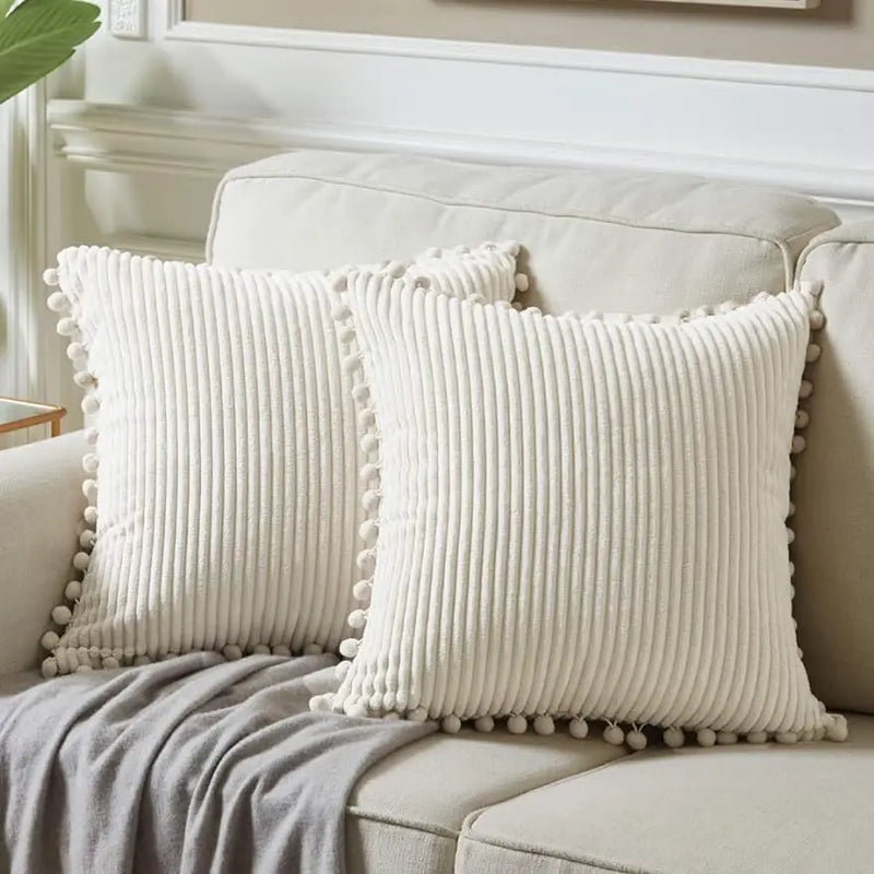 Lumbar Corduroy Boho Cushion Cover with Pom Pom Detail by Axyaa