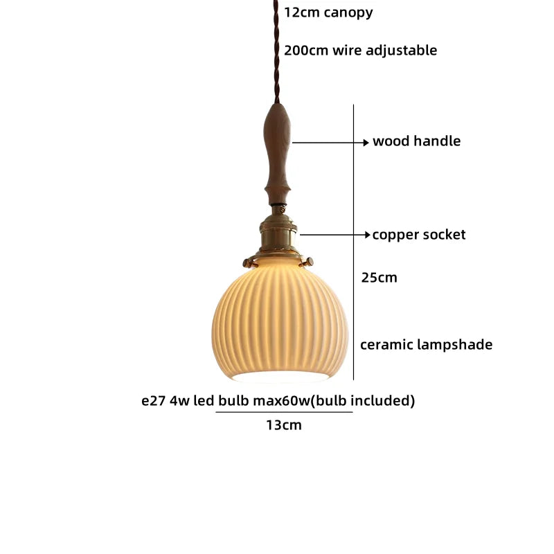 Axyaa Ceramic Pendant Light Wood White LED Lamp for Living Room & Cafe