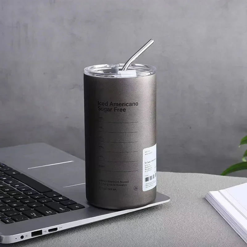 Axyaa Stainless Steel Double-layer Coffee Cup with Straw