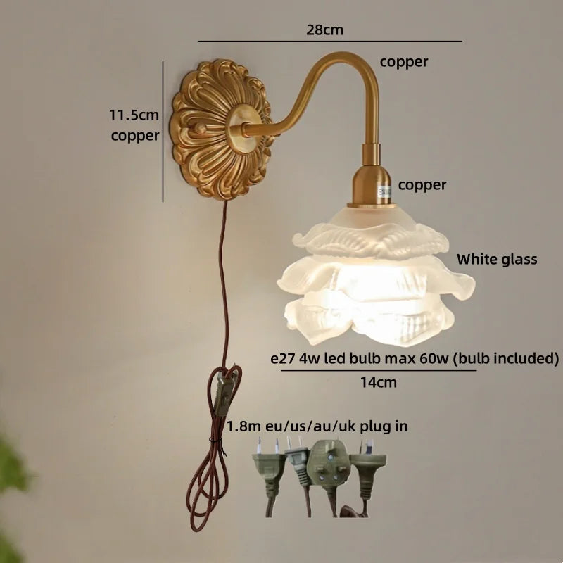 Axyaa Nordic LED Flower Wall Light Antique Gold Brass Modern Bedside Lamp