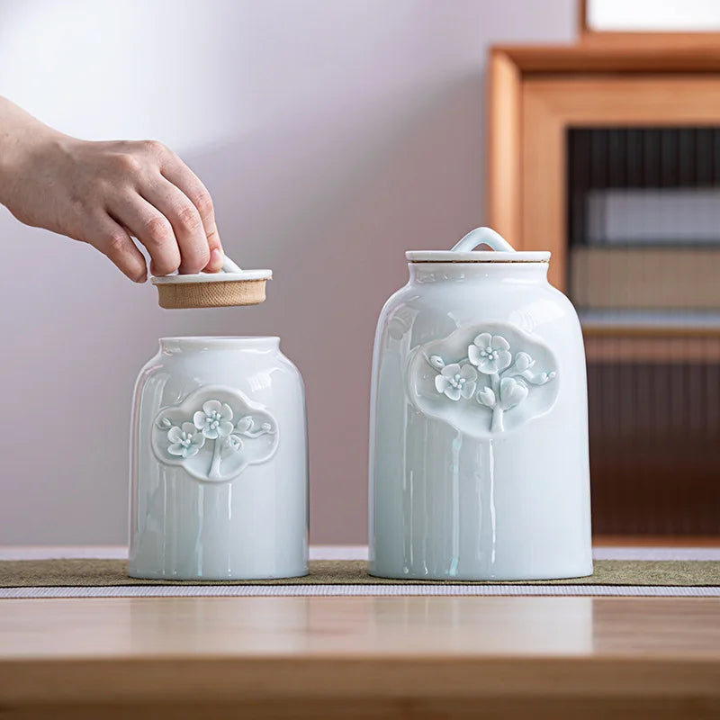 Axya Embossed Flower Tea Pot & Sealed Storage Jars - Kitchen Container & Coffee Can