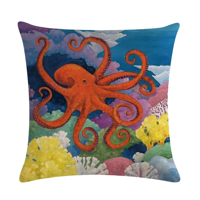 Axyaa Cartoon Sea Pattern Cushion Cover 45*45cm Living Room Sofa Decor Pillowcase