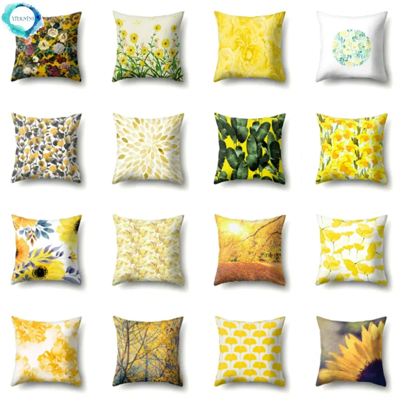 Axyaa Yellow Plant Landscape Print Decorative Cushion Cover 45X45CM