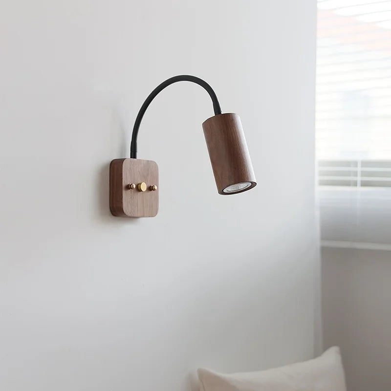 Axyaa Walnut Wood LED Wall Lamp 30cm Black Hose, Modern Nordic Design