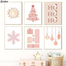 Boho Pink Christmas Tree Snowflake Wall Art Print Set by Axyaa