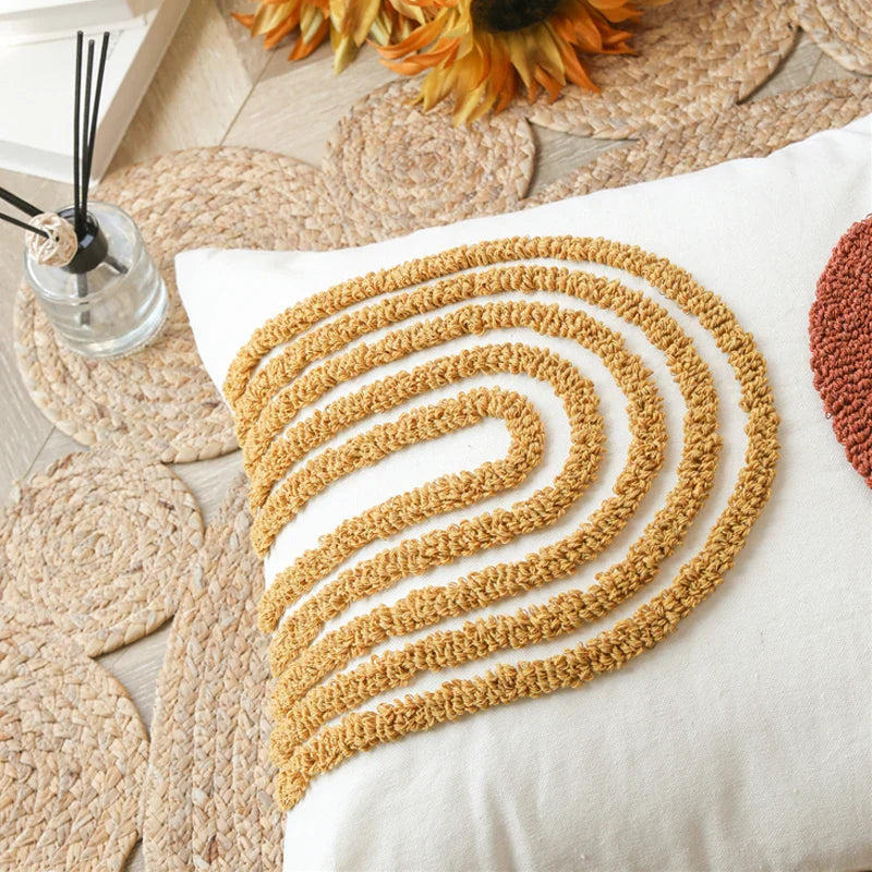 Axyaa Burnt Orange Gematric Tufted Half Circle Cushion Cover for Home Decor