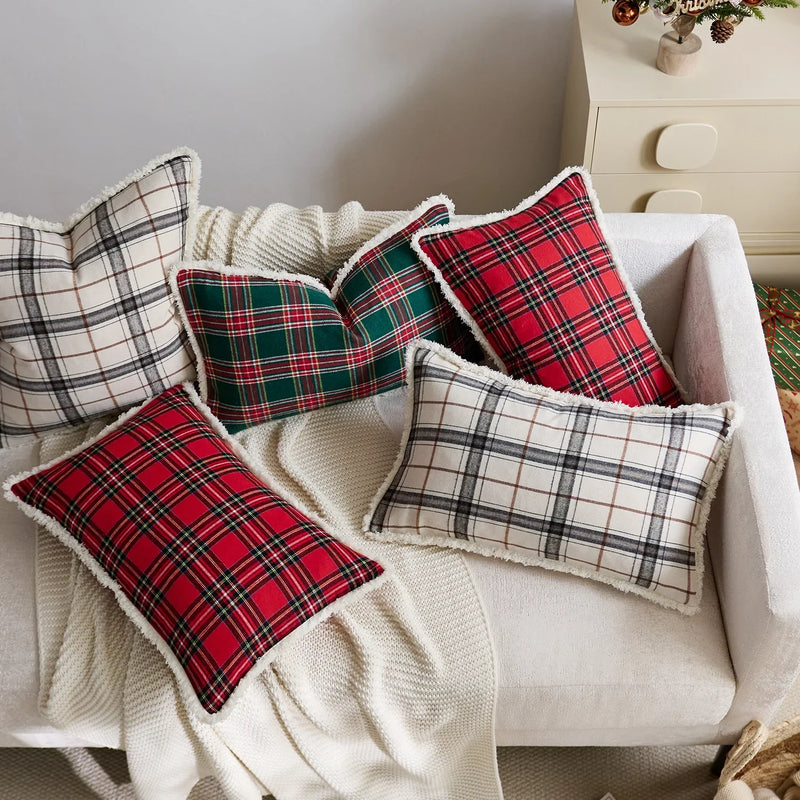 Axyaa Christmas Tartan Plaid Cushion Cover Red Green Ivory 45x45cm 50x50cm