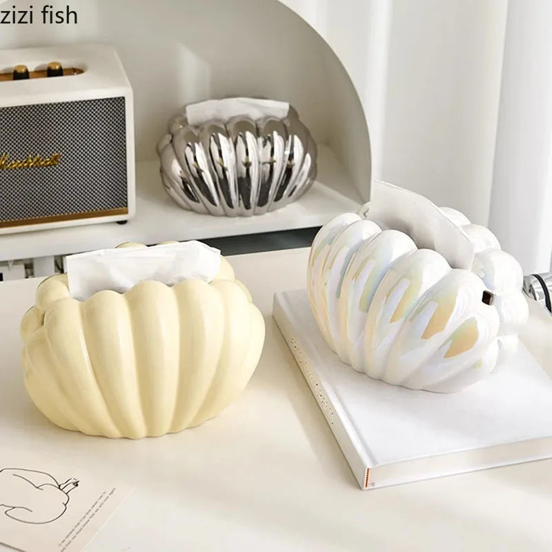 Axya Silver Shell Tissue Box: Cute Clamshell Desktop Container