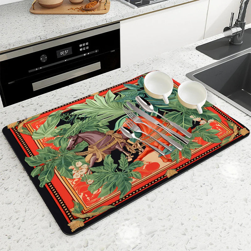 Axyaa Flower Print Drying Mat: Absorbent, Anti-Slip Placemat for Table Cups