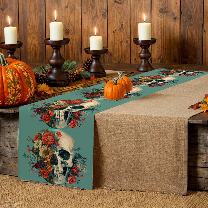 Skull Flower Table Runner: Rustic Axyaa Decor for Dining, Wedding, Party