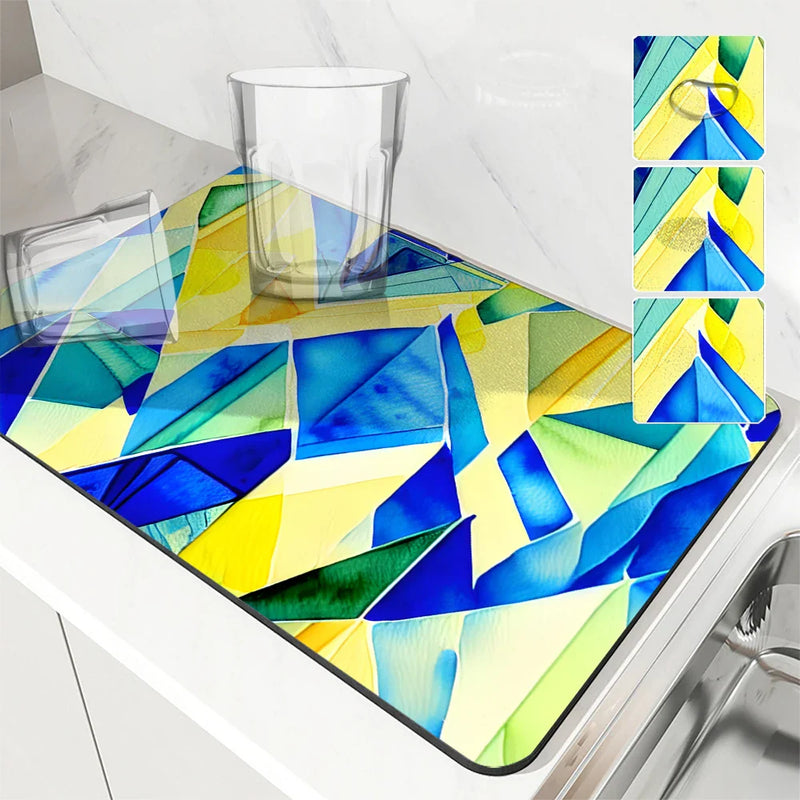 Geometric Color Blocks Kitchen Drying Mat by Axyaa