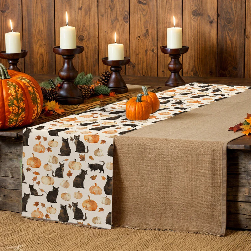 Watercolor Pumpkin Black Cat Table Runner by Axyaa