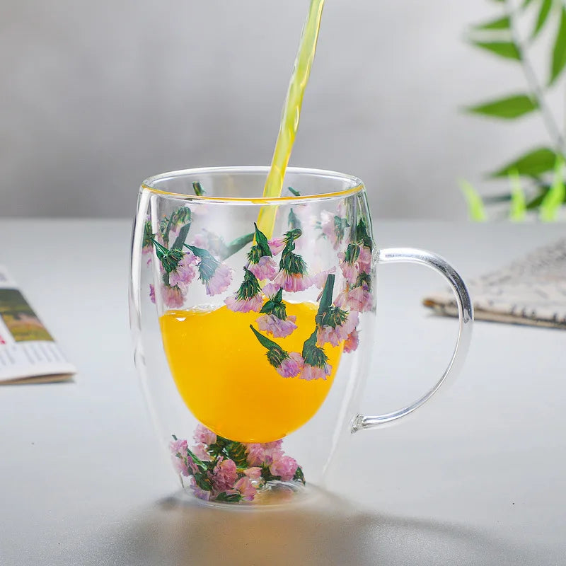 Axya Double Wall Glass Coffee Mugs 350ml Elegant Flower Design