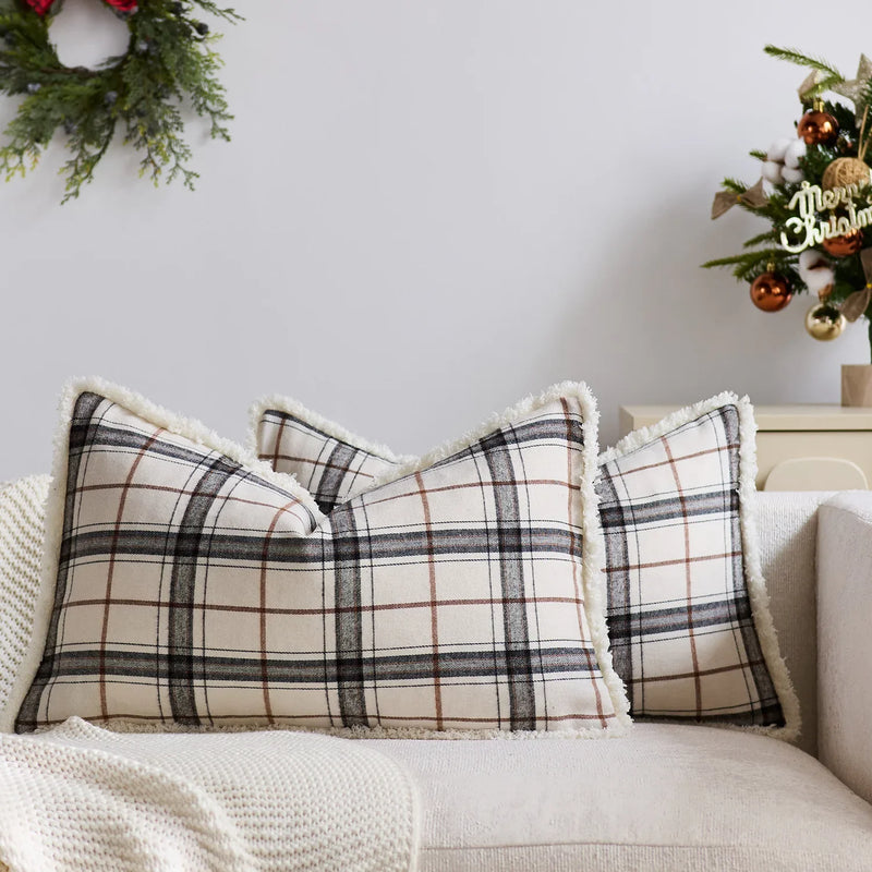 Axyaa Christmas Tartan Plaid Cushion Cover Red Green Ivory 45x45cm 50x50cm