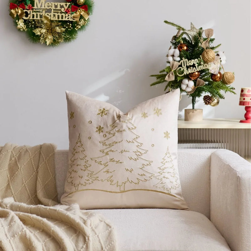 Axyaa Christmas Tree Pillow Cover - Silver Gold Snowflake Velvet - Home Decoration - 45x45cm